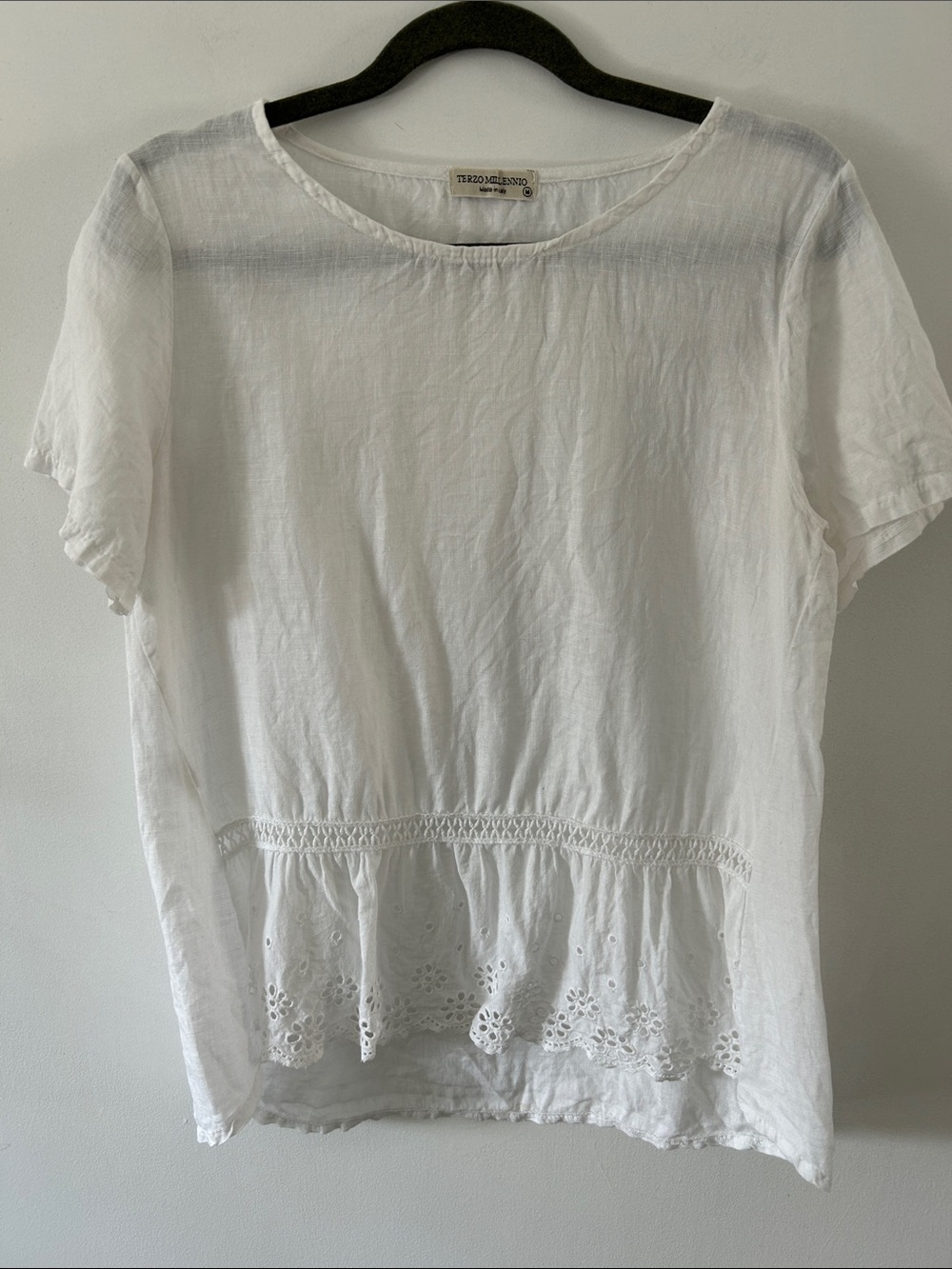 Terzo Mellinnio Made Italy Linen Blouse White Eyelet Peplum Short-Sleeve Top M
